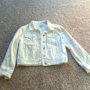 J Crew white denim jacket special paint splatter edition size medium